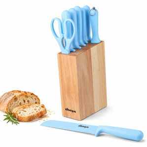 ELITEQUO Blue 9 Piece Knife Set with Natural Wood Block