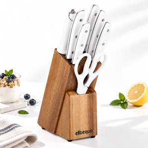 ELITEQUO White 8 Piece Knife Set with Natural Wood Block